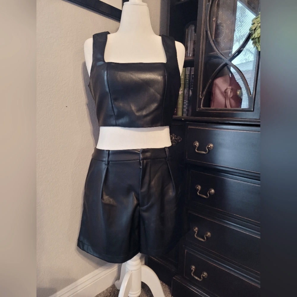 Two Piece Vegan Leather Set 7 For All Mankind Large Shorts and Crop Top